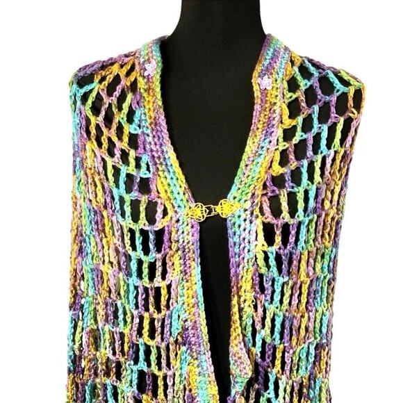 Open knit crochet pastel bobble gold-tone clasp hand knitted Gypsy Girl Shawl - Picture 5 of 8